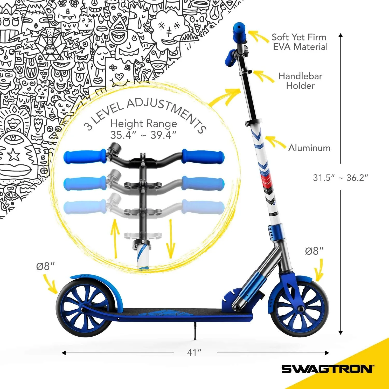 Swagtron K8 Titan Folding Commuter Kick Scooter for Adults & Teens, Height-Adjustable, ABEC-9 Wheel Bearings