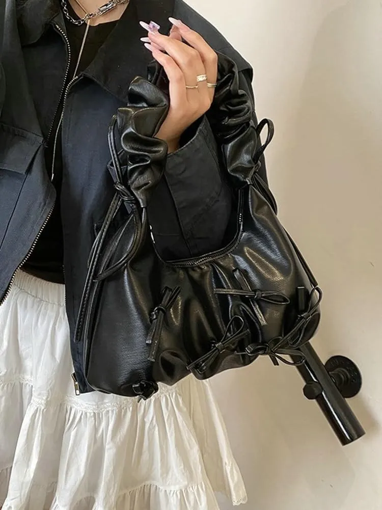 Sweet Cool Bow Tie Underarm Bag for Women Solid Color PU Leather Hobo Bag Commuter Party Travel Shoulder Bags 2025