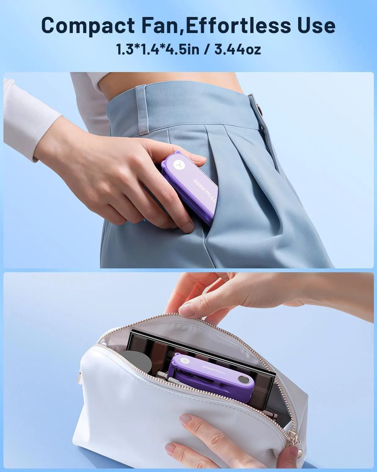 SWEETFULL 2-in-1 Portable Mini Fan with LED, Hand Held Foldable USB Rechargeable Fan & Flashlight for Travel, Girls