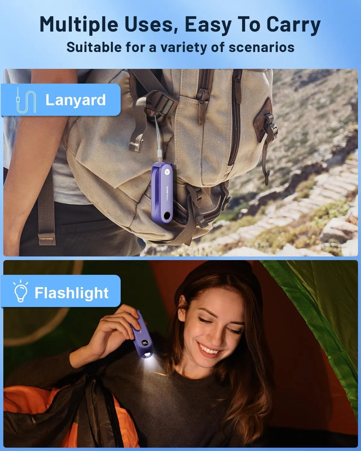 SWEETFULL 2-in-1 Portable Mini Fan with LED, Hand Held Foldable USB Rechargeable Fan & Flashlight for Travel, Girls