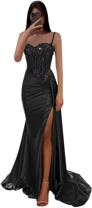 Sweetheart Satin Prom Dresses with Slit Lace Pleated Corset Mermaid Long Evening Gown