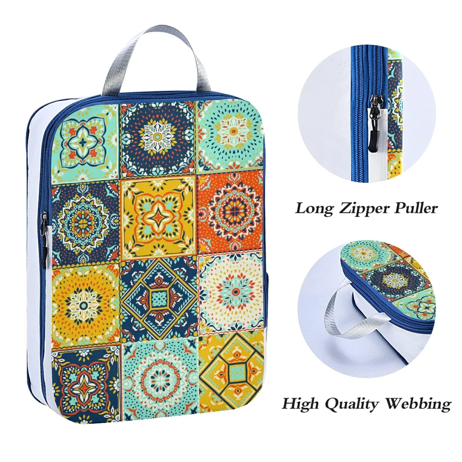 Talavera Indian Ceramic Portugal Turkish Moroccan Tile Mosaic Ethnic 3 Piece set Cubes Expandable Adjustable Luggage Packing Bags, Ultralight Organizer Accessories Travel Suitcase Compressible Bags