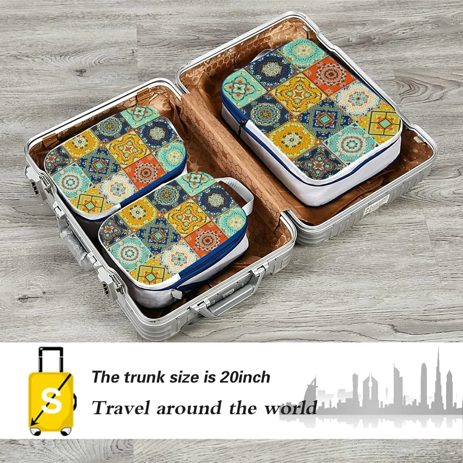 Talavera Indian Ceramic Portugal Turkish Moroccan Tile Mosaic Ethnic 3 Piece set Cubes Expandable Adjustable Luggage Packing Bags, Ultralight Organizer Accessories Travel Suitcase Compressible Bags