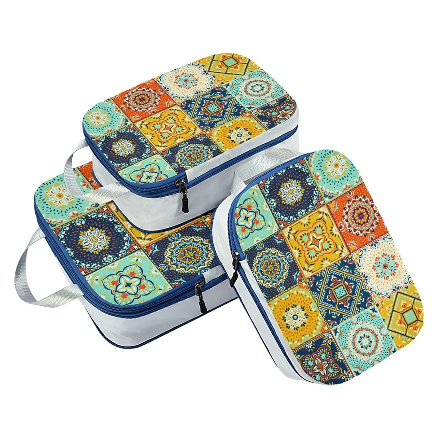 Talavera Indian Ceramic Portugal Turkish Moroccan Tile Mosaic Ethnic 3 Piece set Cubes Expandable Adjustable Luggage Packing Bags, Ultralight Organizer Accessories Travel Suitcase Compressible Bags