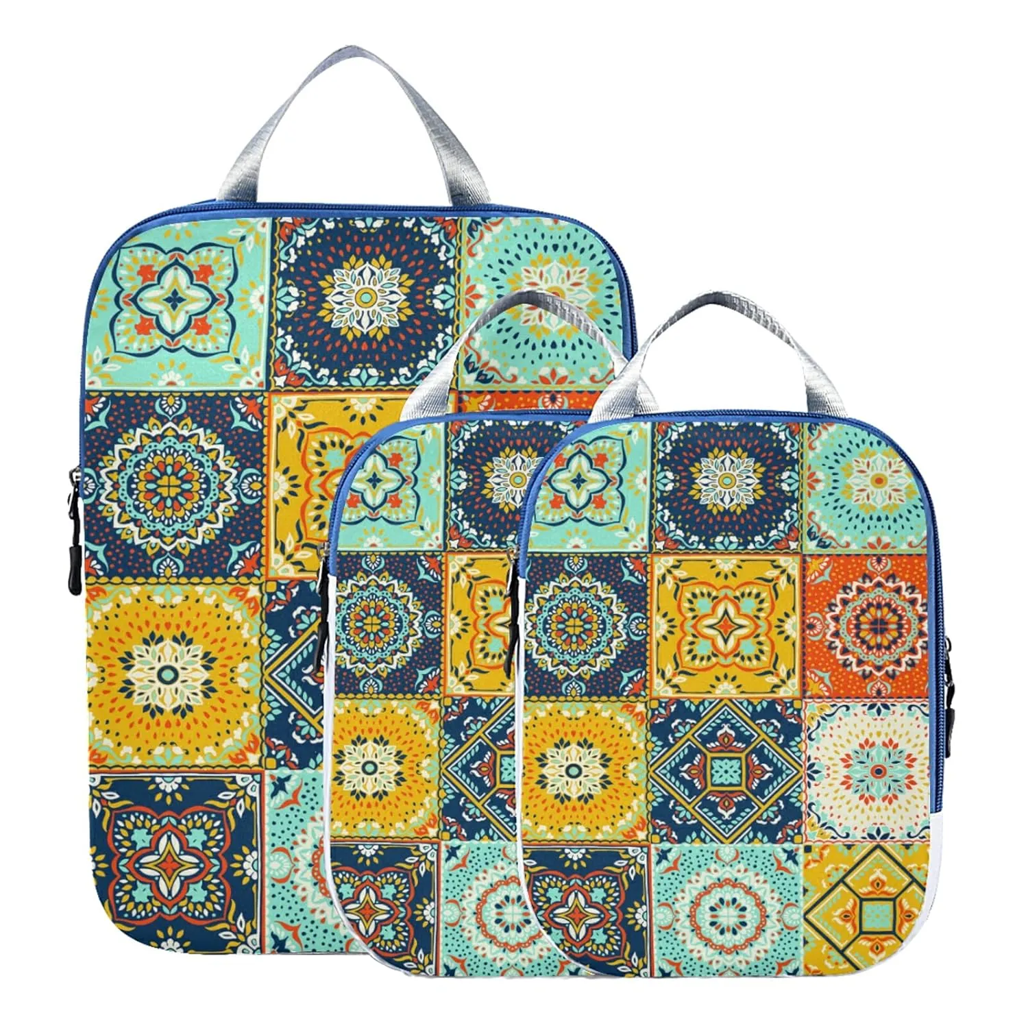 Talavera Indian Ceramic Portugal Turkish Moroccan Tile Mosaic Ethnic 3 Piece set Cubes Expandable Adjustable Luggage Packing Bags, Ultralight Organizer Accessories Travel Suitcase Compressible Bags
