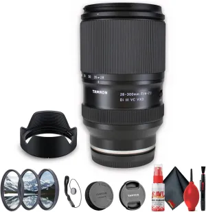 Tamron 28-300mm f/4-7.1 Di III VC VXD Lightweight Lens for (Sony E) Mirrorless Cameras (A074)   Filter Kit   Cap Keeper   Cleaning Kit
