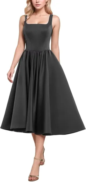 Tea Length Wedding Dresses for Bride Satin Midi A Line Cocktail Party Corset Dress Pleated Formal Evening Gown