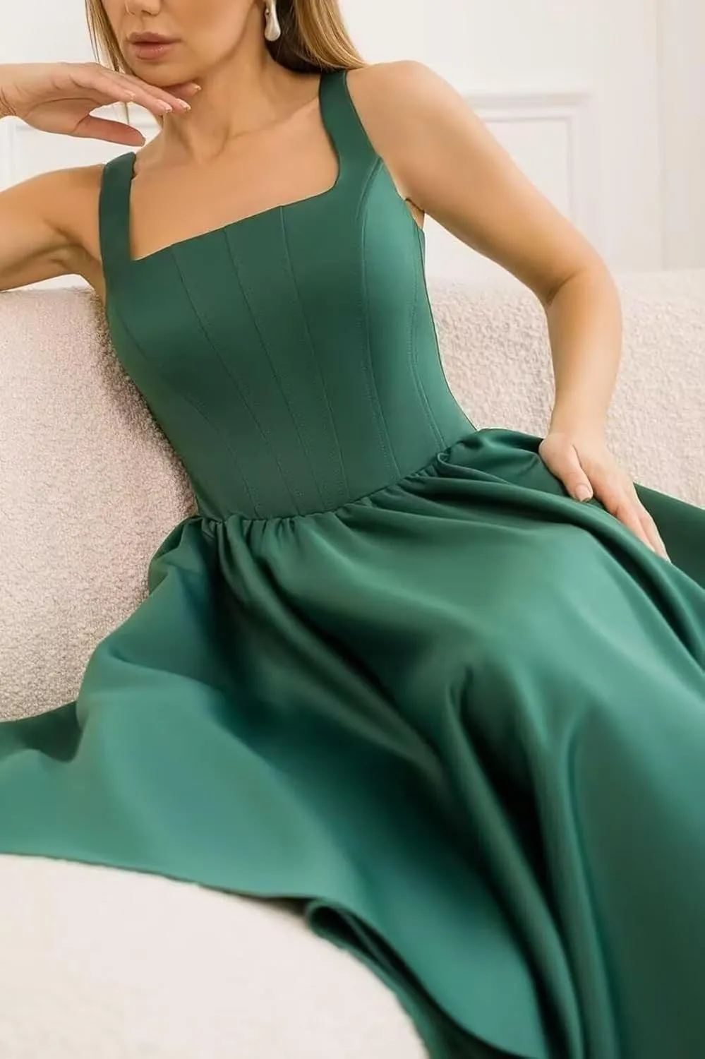 Tea Length Wedding Dresses for Bride Satin Midi A Line Cocktail Party Corset Dress Pleated Formal Evening Gown