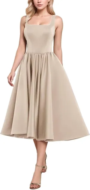 Tea Length Wedding Dresses for Bride Satin Midi A Line Cocktail Party Corset Dress Pleated Formal Evening Gown