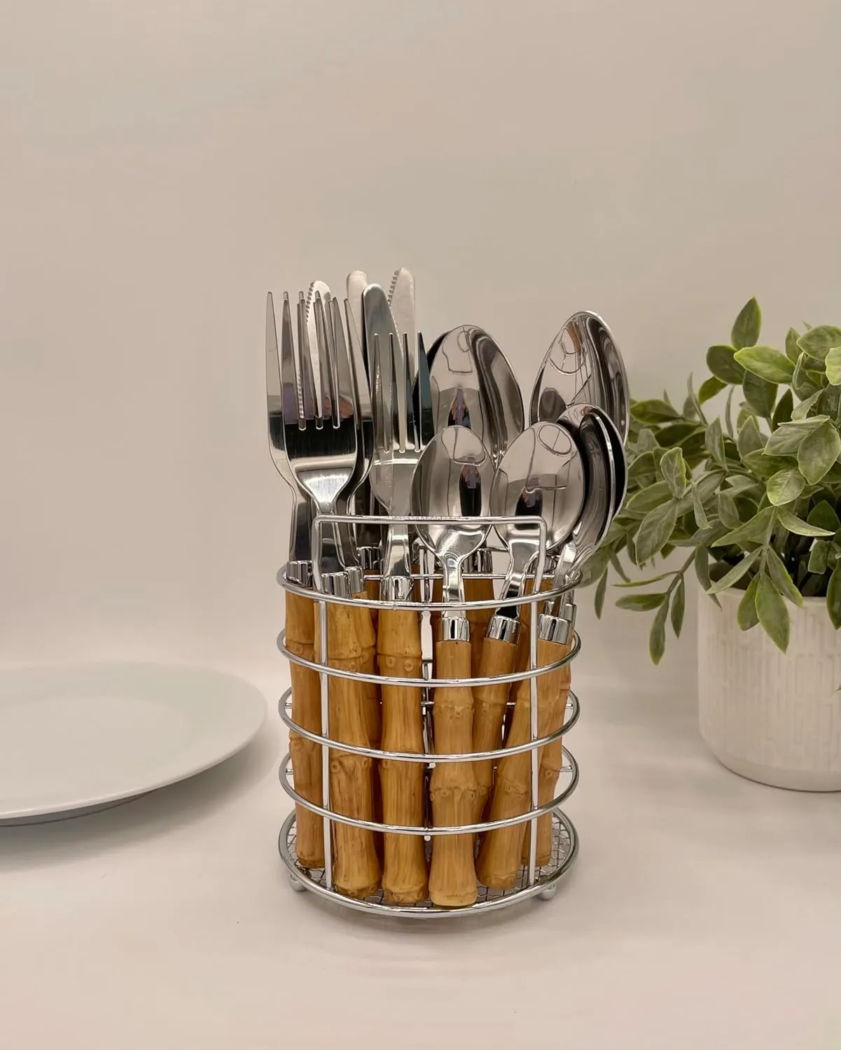 The Original Brink House Beyond Bamboo Stainless Steel Cutlery Set with Naturalistic Bamboo Handles / 16 pieces with Metal Stand, Lifestyle utensils set for home, first apartment, dorm, outdoor events