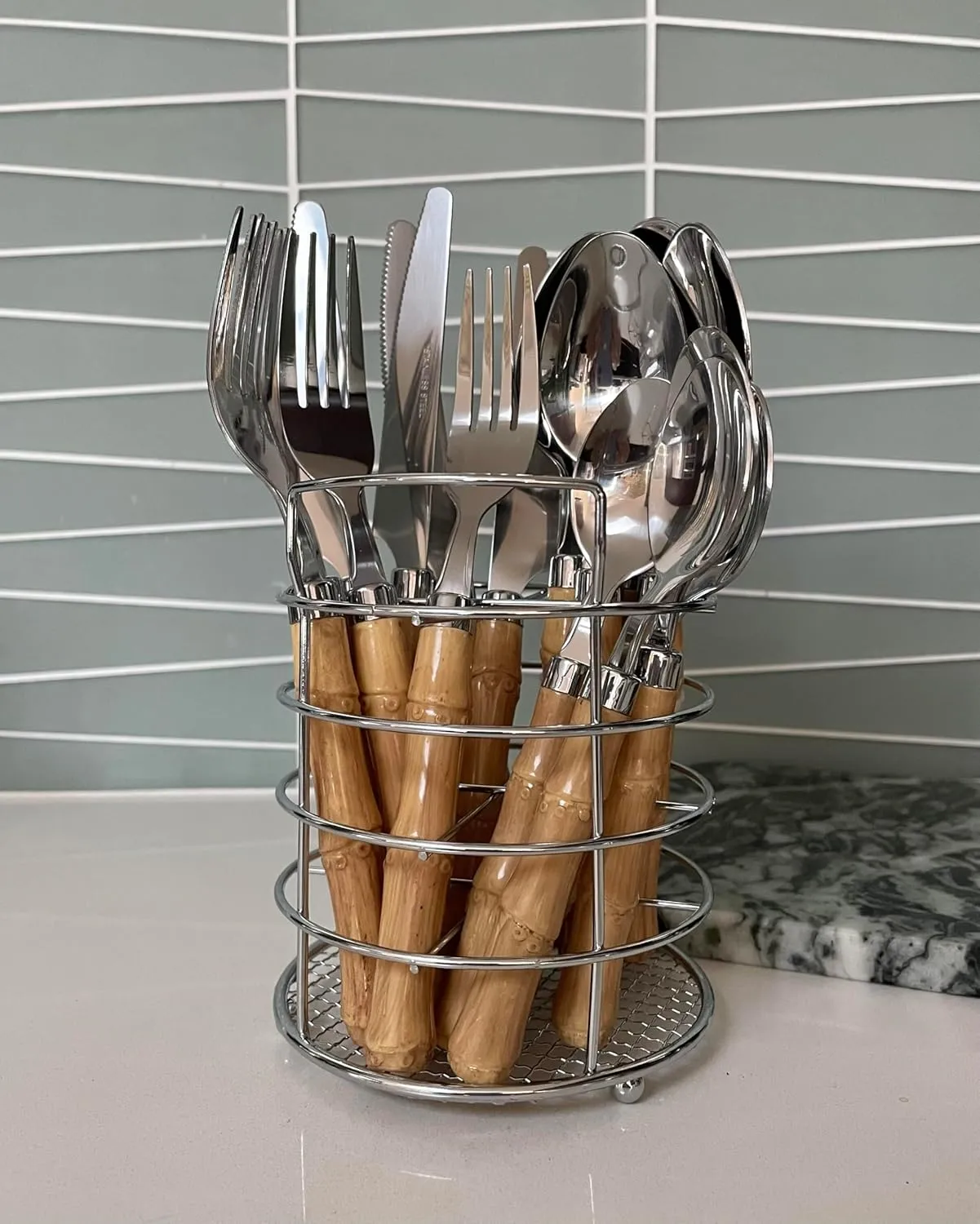 The Original Brink House Beyond Bamboo Stainless Steel Cutlery Set with Naturalistic Bamboo Handles / 16 pieces with Metal Stand, Lifestyle utensils set for home, first apartment, dorm, outdoor events
