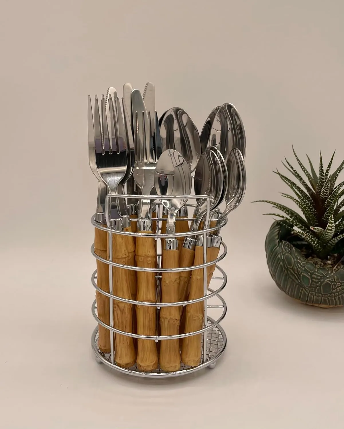 The Original Brink House Beyond Bamboo Stainless Steel Cutlery Set with Naturalistic Bamboo Handles / 16 pieces with Metal Stand, Lifestyle utensils set for home, first apartment, dorm, outdoor events