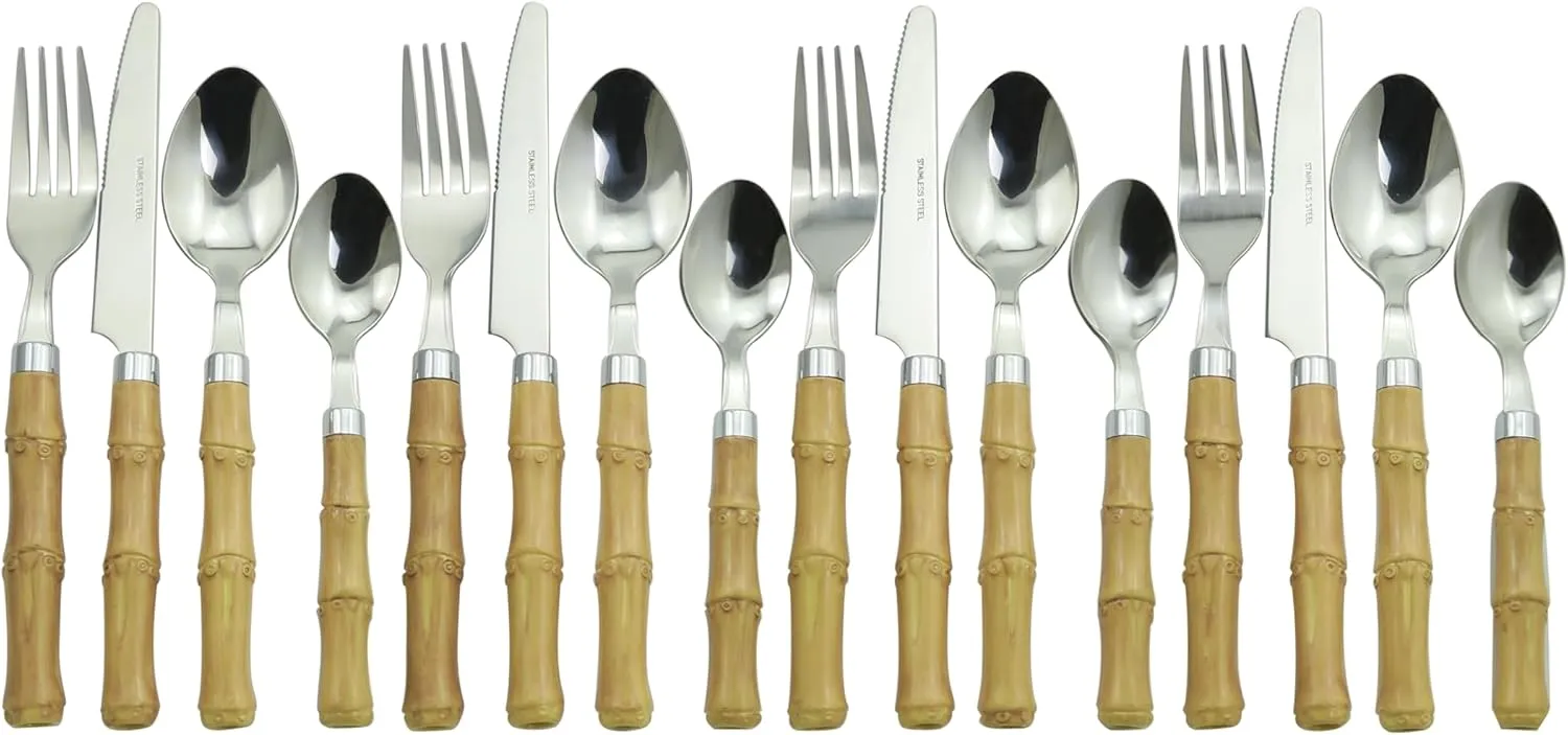 The Original Brink House Beyond Bamboo Stainless Steel Cutlery Set with Naturalistic Bamboo Handles / 16 pieces with Metal Stand, Lifestyle utensils set for home, first apartment, dorm, outdoor events