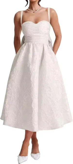 TIRAS Long Lace Sleeve Short Wedding Dresses for Bride V Neck Satin Tea Length Bridal Gowns for Women 2025 CM435