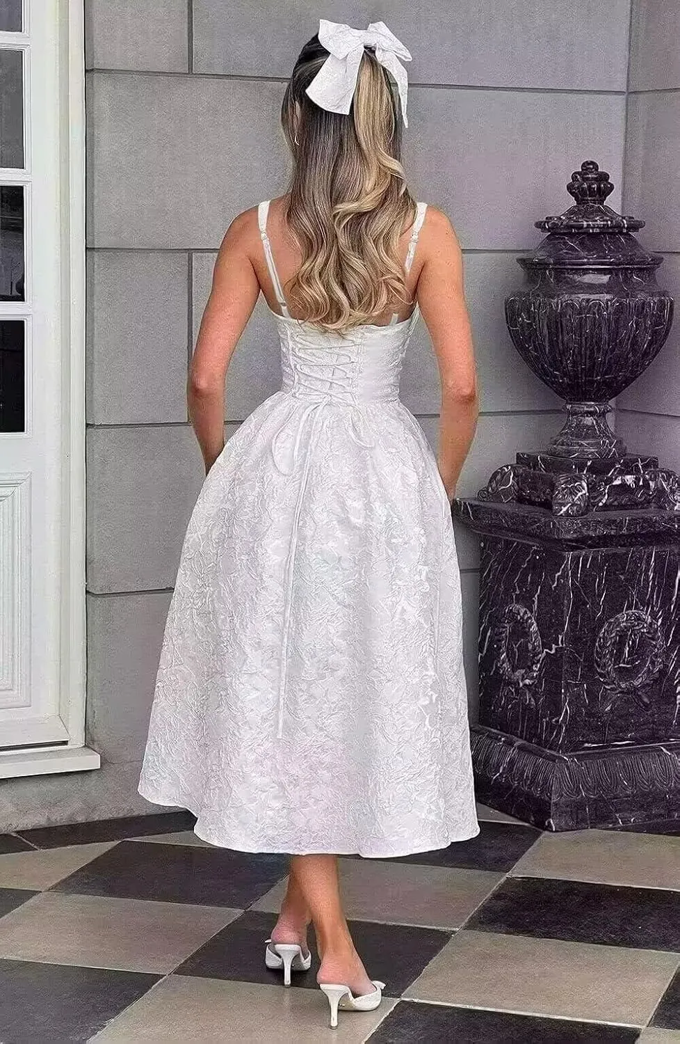 TIRAS Long Lace Sleeve Short Wedding Dresses for Bride V Neck Satin Tea Length Bridal Gowns for Women 2025 CM435