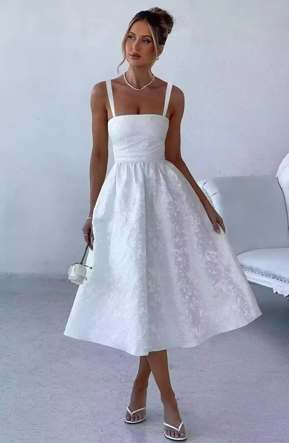 TIRAS Long Lace Sleeve Short Wedding Dresses for Bride V Neck Satin Tea Length Bridal Gowns for Women 2025 CM435