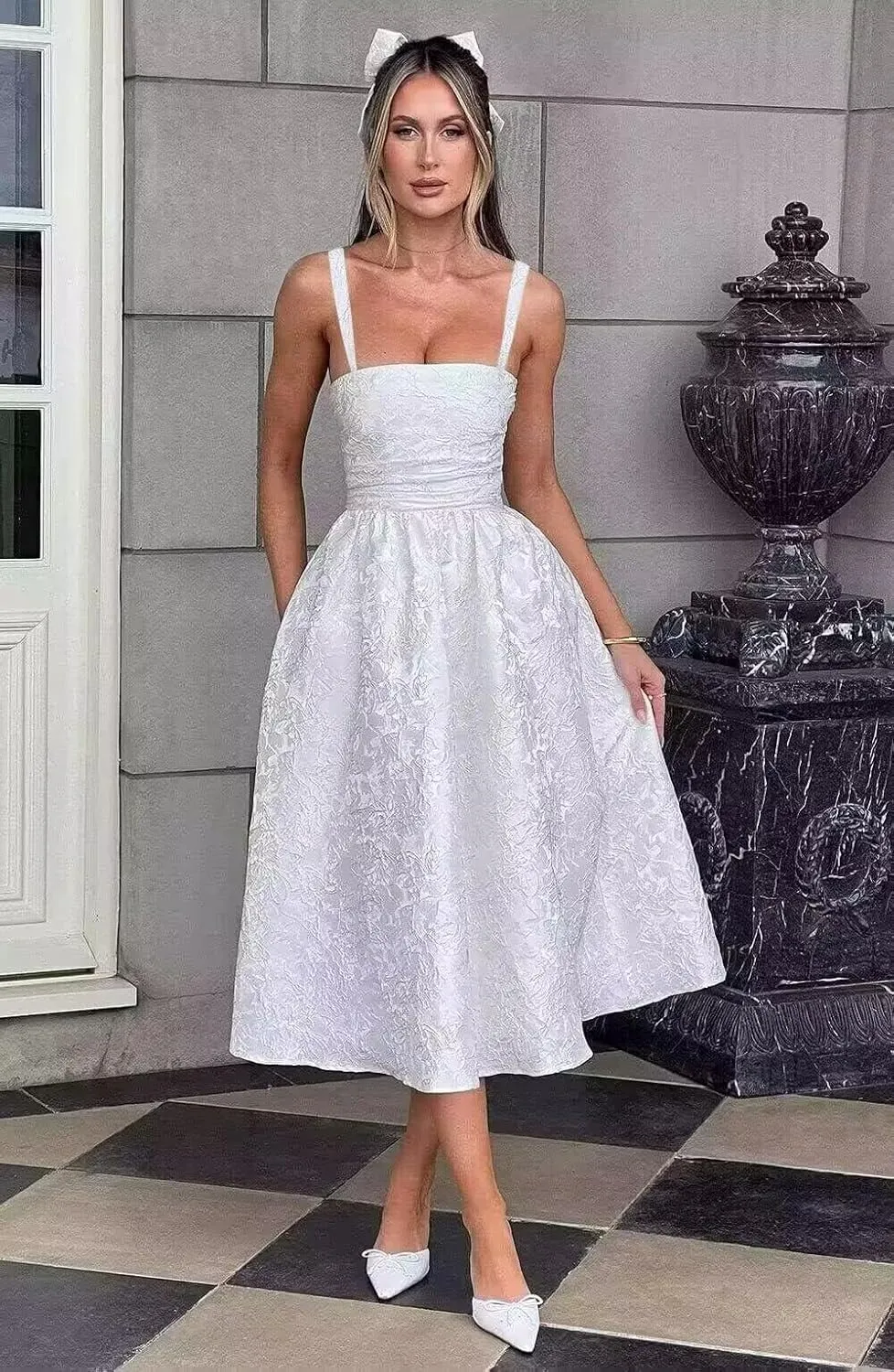 TIRAS Long Lace Sleeve Short Wedding Dresses for Bride V Neck Satin Tea Length Bridal Gowns for Women 2025 CM435