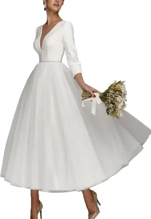 TIRAS Long Lace Sleeve Short Wedding Dresses for Bride V Neck Satin Tea Length Bridal Gowns for Women 2025 CM435