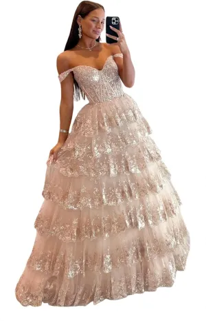 TIRAS Sweetheart Prom Dress Long with Slit Off Shoulder Lace Applique Evening Dress for Teens CM274