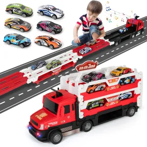 Toddler Car Carrier Truck Toys with 55-Inch Foldable Race Track,Light&Sound,6 Toy Cars in, Ejection Race Mode, Best Christmas Birthday Gift for 3 4 5 6 Boys Kids (Red)