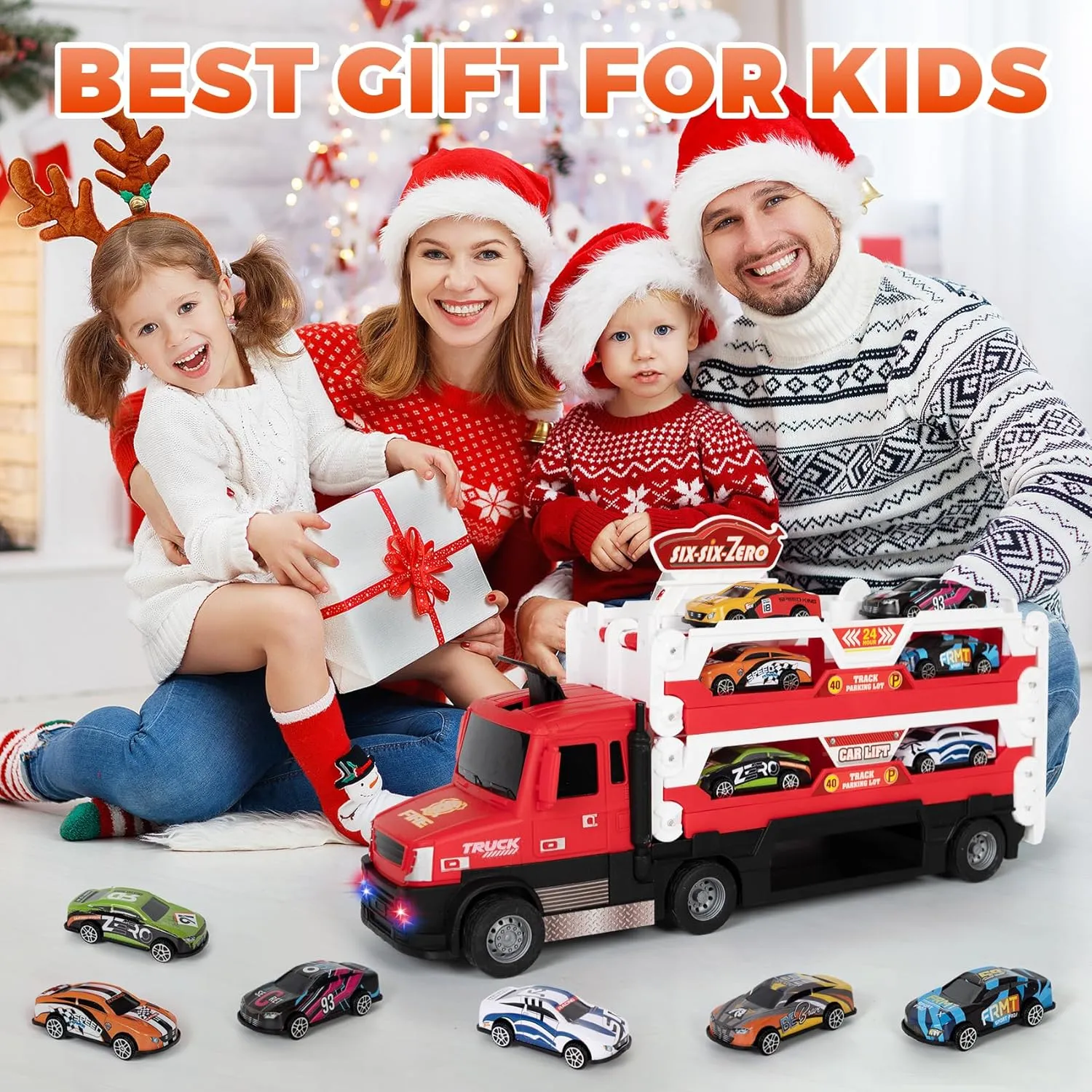 Toddler Car Carrier Truck Toys with 55-Inch Foldable Race Track,Light&Sound,6 Toy Cars in, Ejection Race Mode, Best Christmas Birthday Gift for 3 4 5 6 Boys Kids (Red)