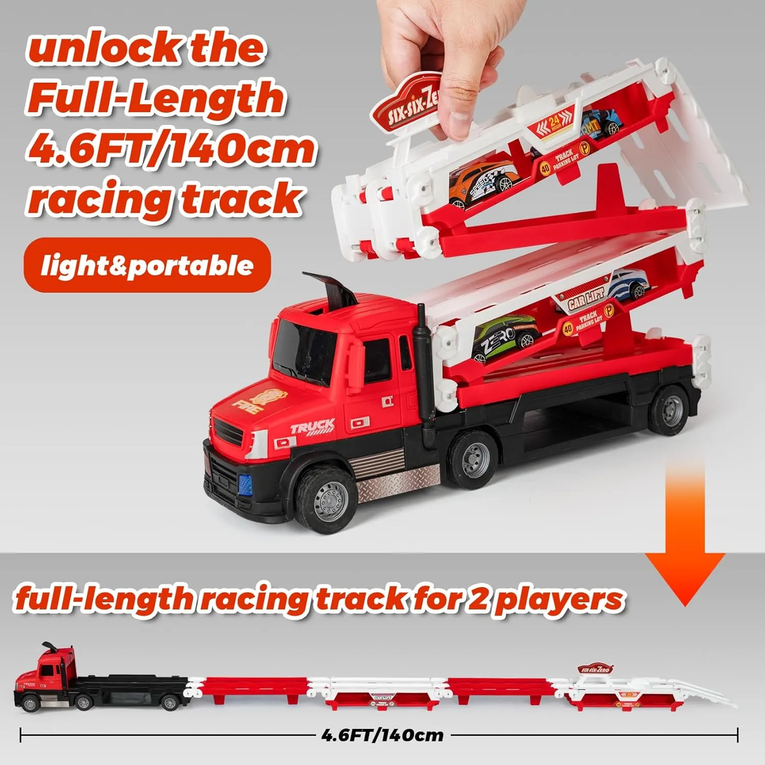 Toddler Car Carrier Truck Toys with 55-Inch Foldable Race Track,Light&Sound,6 Toy Cars in, Ejection Race Mode, Best Christmas Birthday Gift for 3 4 5 6 Boys Kids (Red)