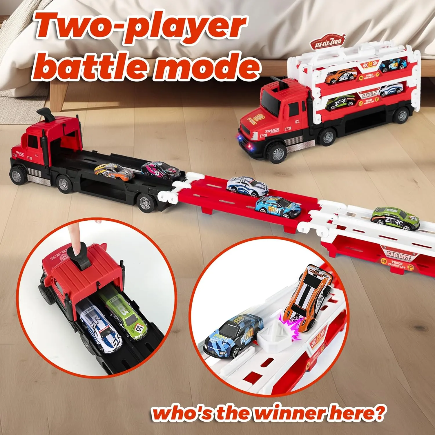 Toddler Car Carrier Truck Toys with 55-Inch Foldable Race Track,Light&Sound,6 Toy Cars in, Ejection Race Mode, Best Christmas Birthday Gift for 3 4 5 6 Boys Kids (Red)