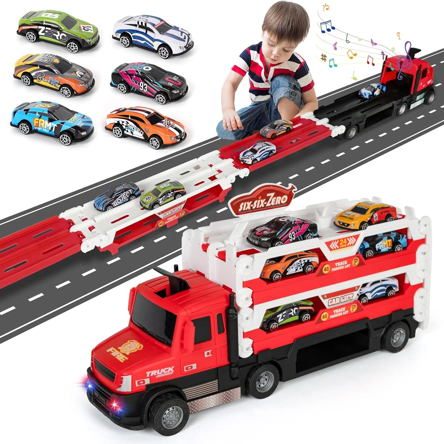 Toddler Car Carrier Truck Toys with 55-Inch Foldable Race Track,Light&Sound,6 Toy Cars in, Ejection Race Mode, Best Christmas Birthday Gift for 3 4 5 6 Boys Kids (Red)