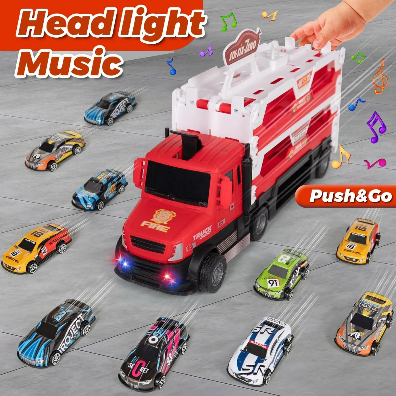 Toddler Car Carrier Truck Toys with 55-Inch Foldable Race Track,Light&Sound,6 Toy Cars in, Ejection Race Mode, Best Christmas Birthday Gift for 3 4 5 6 Boys Kids (Red)