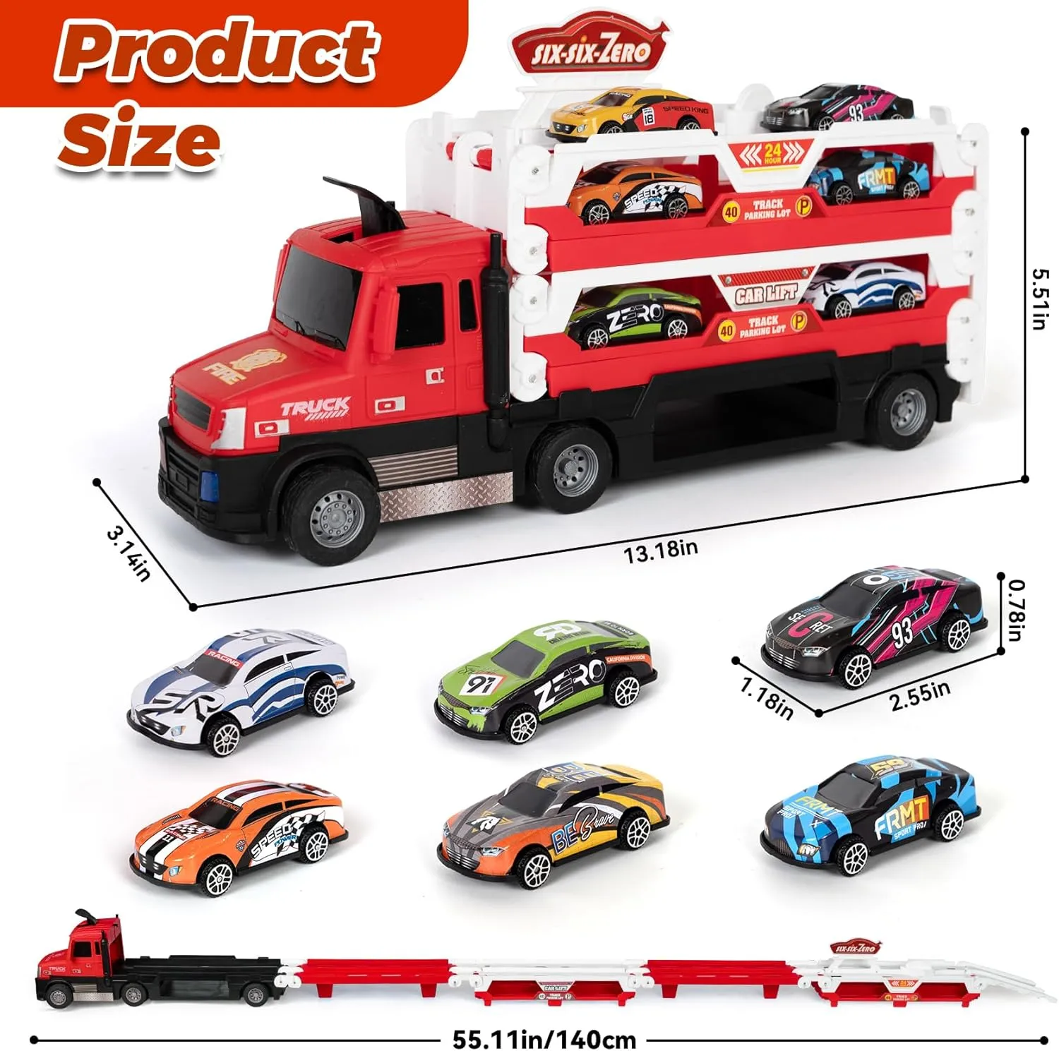 Toddler Car Carrier Truck Toys with 55-Inch Foldable Race Track,Light&Sound,6 Toy Cars in, Ejection Race Mode, Best Christmas Birthday Gift for 3 4 5 6 Boys Kids (Red)