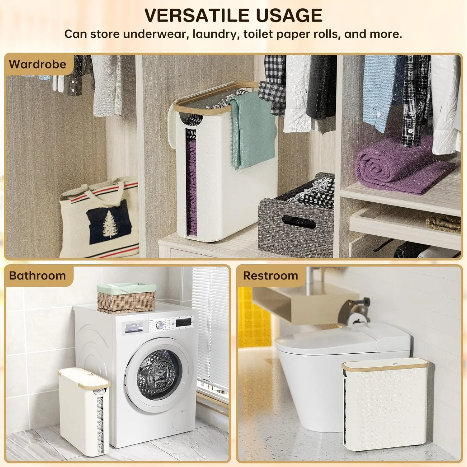 Toilet Paper Storage with Lid and Handle, 16 Roll Toilet Paper Basket Bathroom Standing Organizer, Folding Storage Bag with Foot Base, Slim Holder Container for Rolling Tissue, Towel, Toys - Beige