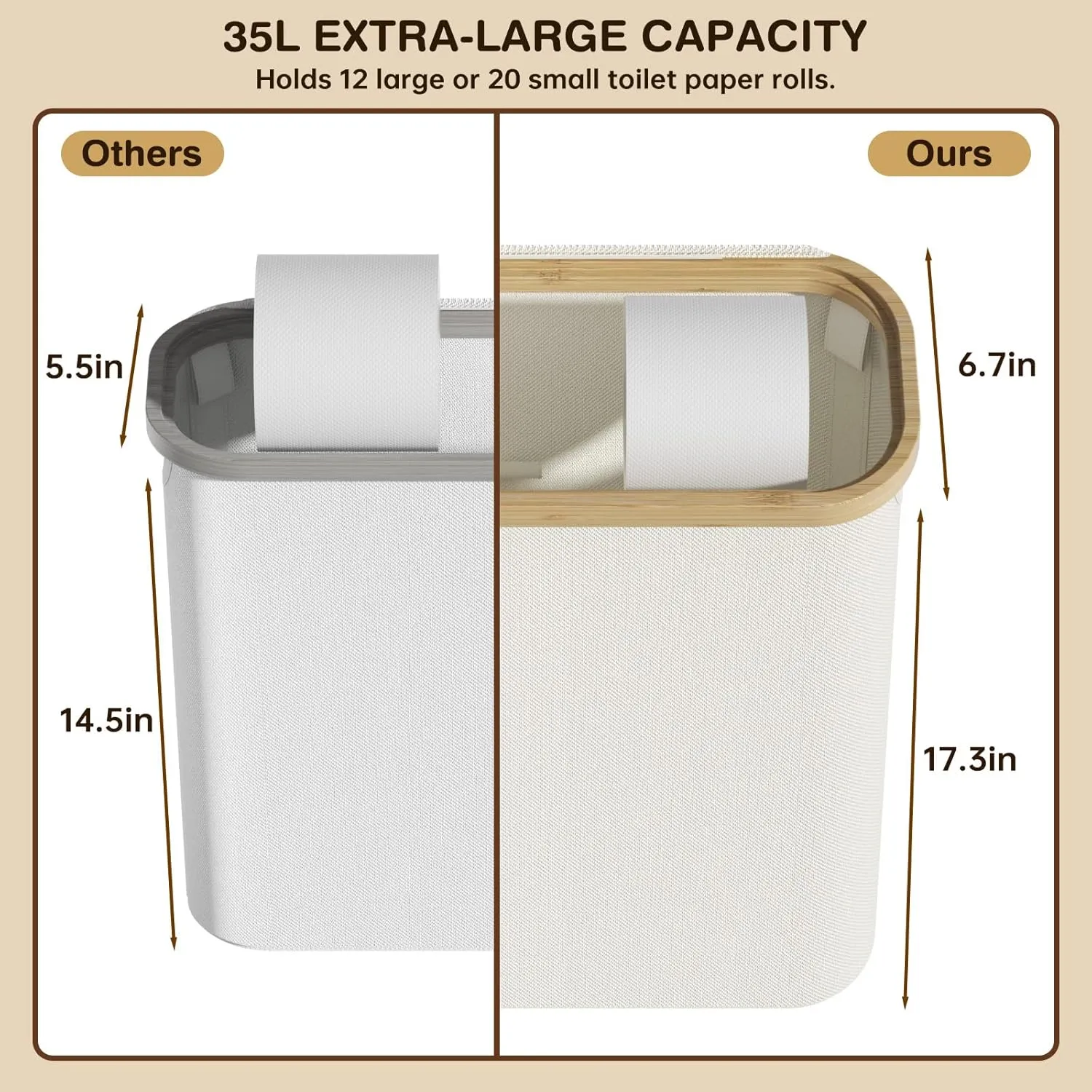 Toilet Paper Storage with Lid and Handle, 16 Roll Toilet Paper Basket Bathroom Standing Organizer, Folding Storage Bag with Foot Base, Slim Holder Container for Rolling Tissue, Towel, Toys - Beige