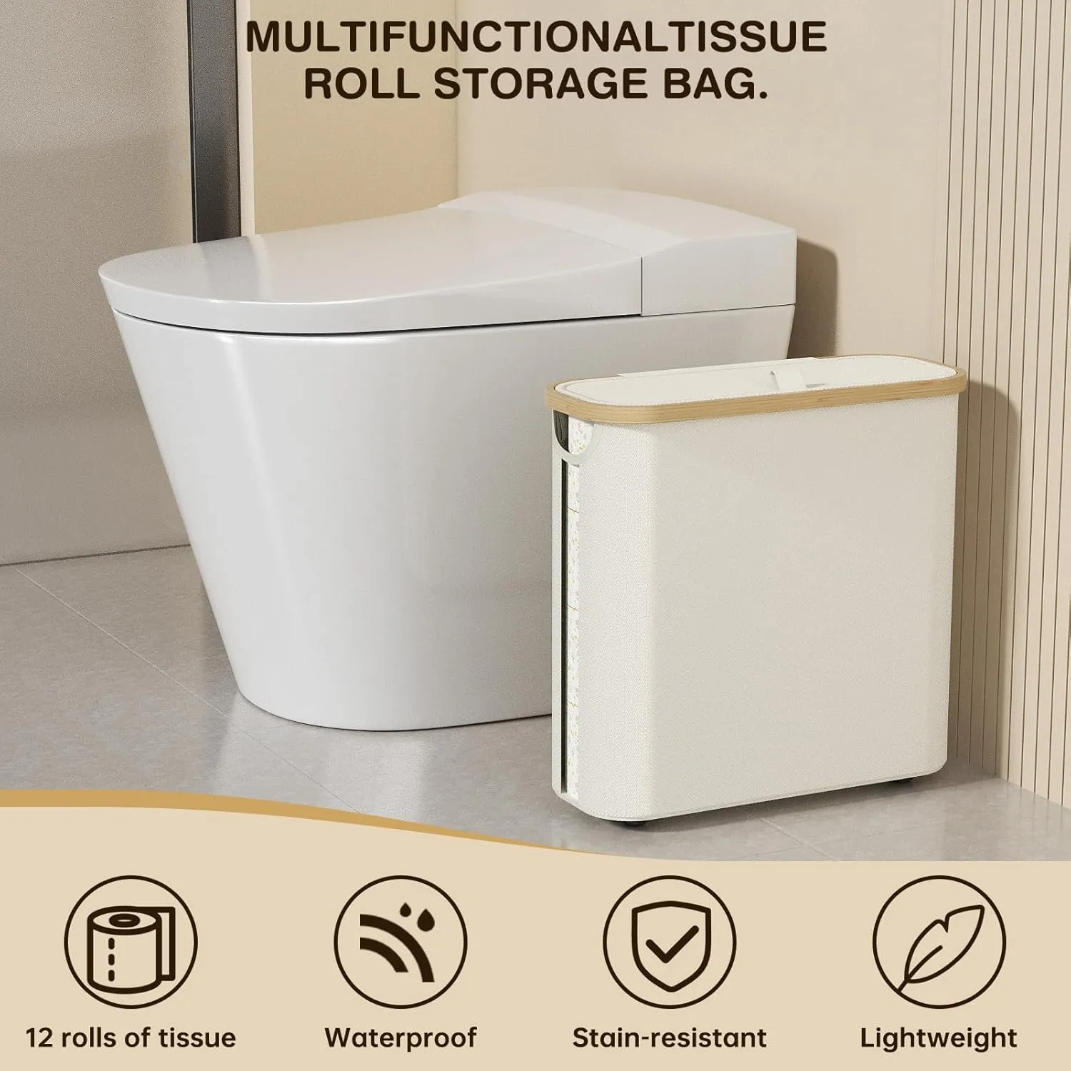 Toilet Paper Storage with Lid and Handle, 16 Roll Toilet Paper Basket Bathroom Standing Organizer, Folding Storage Bag with Foot Base, Slim Holder Container for Rolling Tissue, Towel, Toys - Beige
