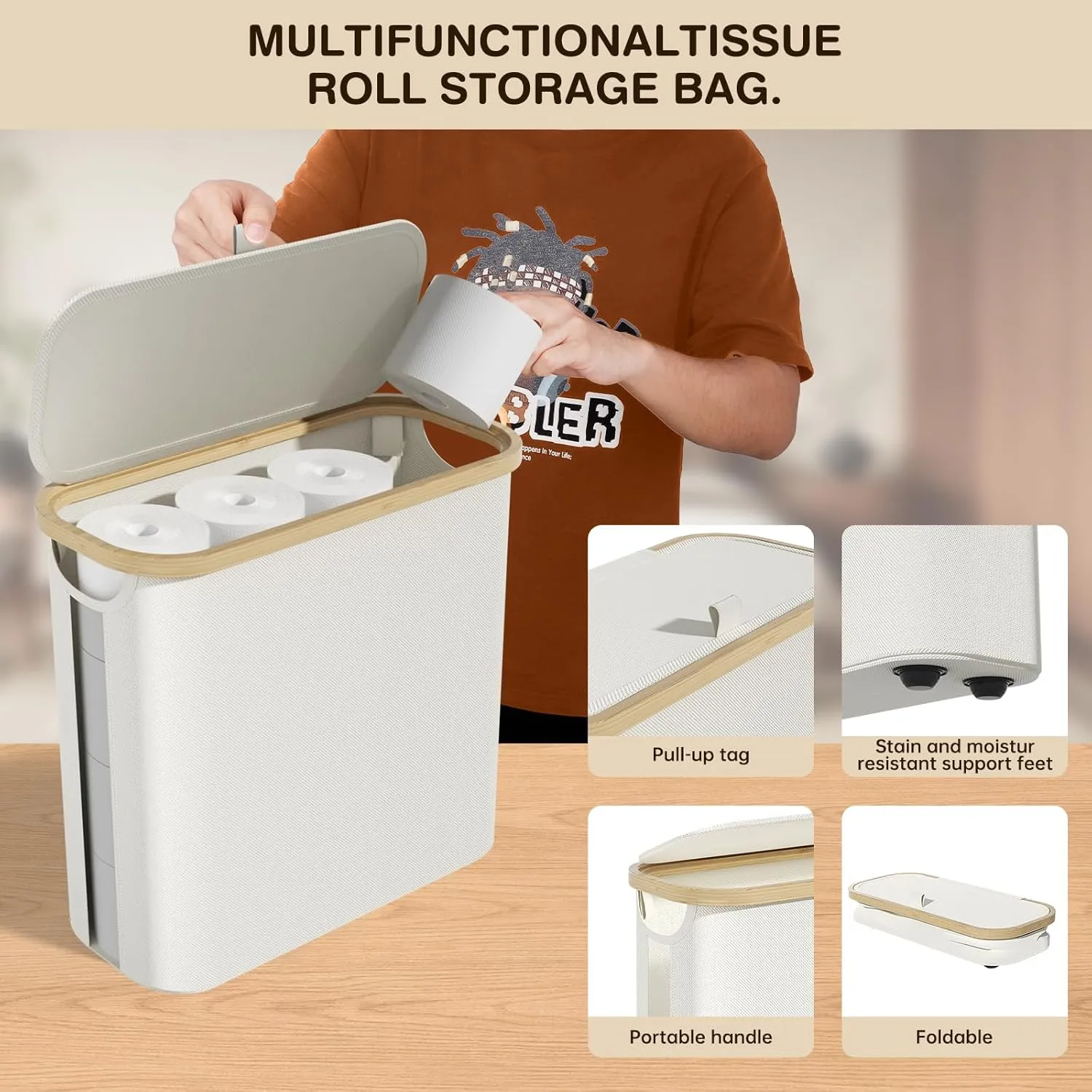 Toilet Paper Storage with Lid and Handle, 16 Roll Toilet Paper Basket Bathroom Standing Organizer, Folding Storage Bag with Foot Base, Slim Holder Container for Rolling Tissue, Towel, Toys - Beige