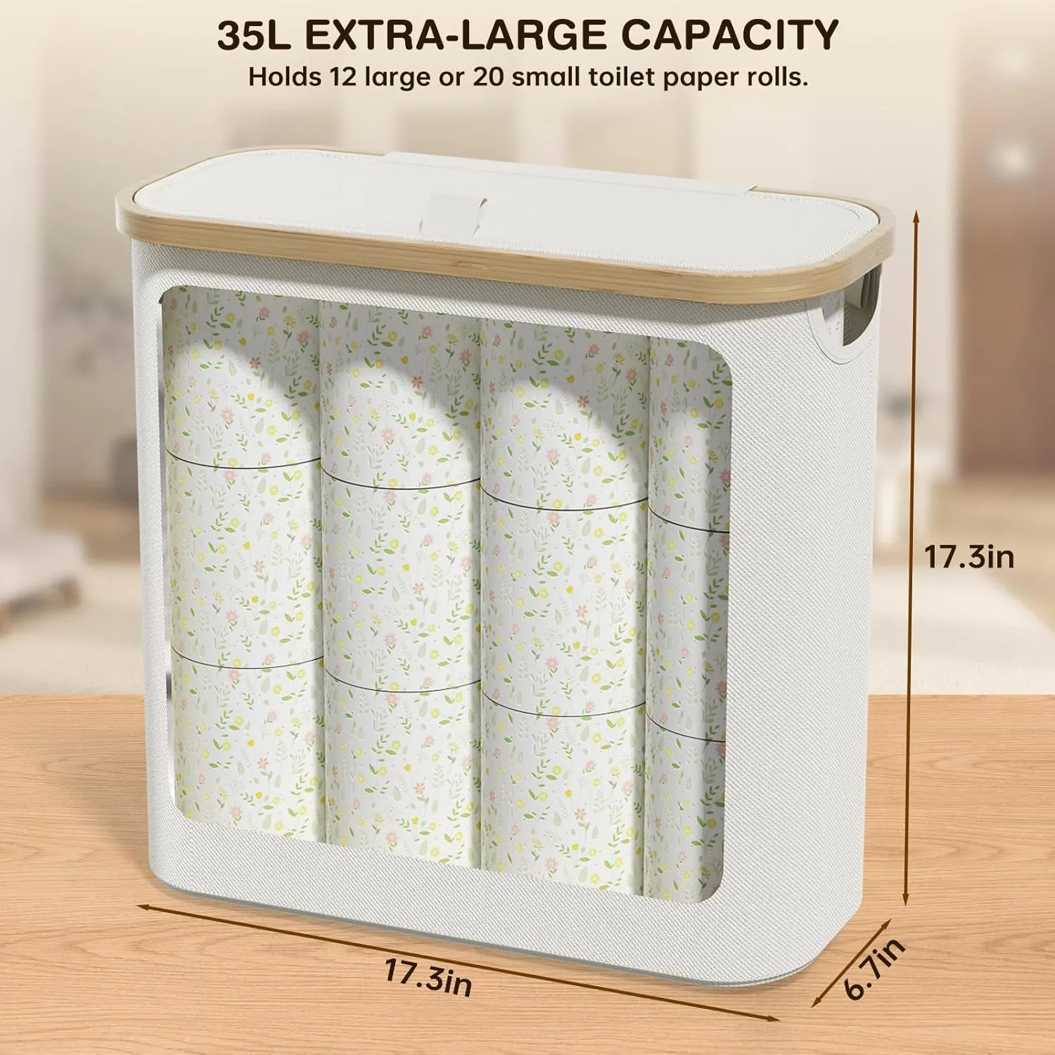 Toilet Paper Storage with Lid and Handle, 16 Roll Toilet Paper Basket Bathroom Standing Organizer, Folding Storage Bag with Foot Base, Slim Holder Container for Rolling Tissue, Towel, Toys - Beige