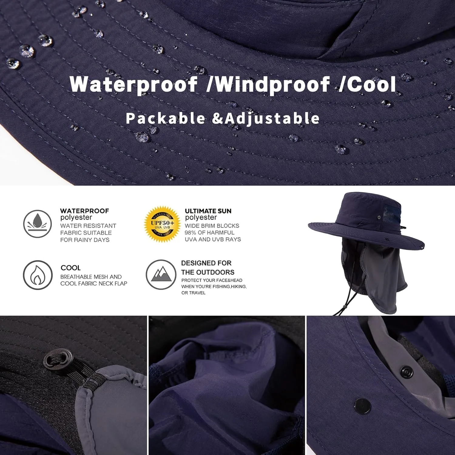 TOP-EX L/XL/XXL UV Protection Mens Sun Hat with Cooling Neck Flap Sunglass Lock Wide Brim Fishing Hats Waterproof & Packable