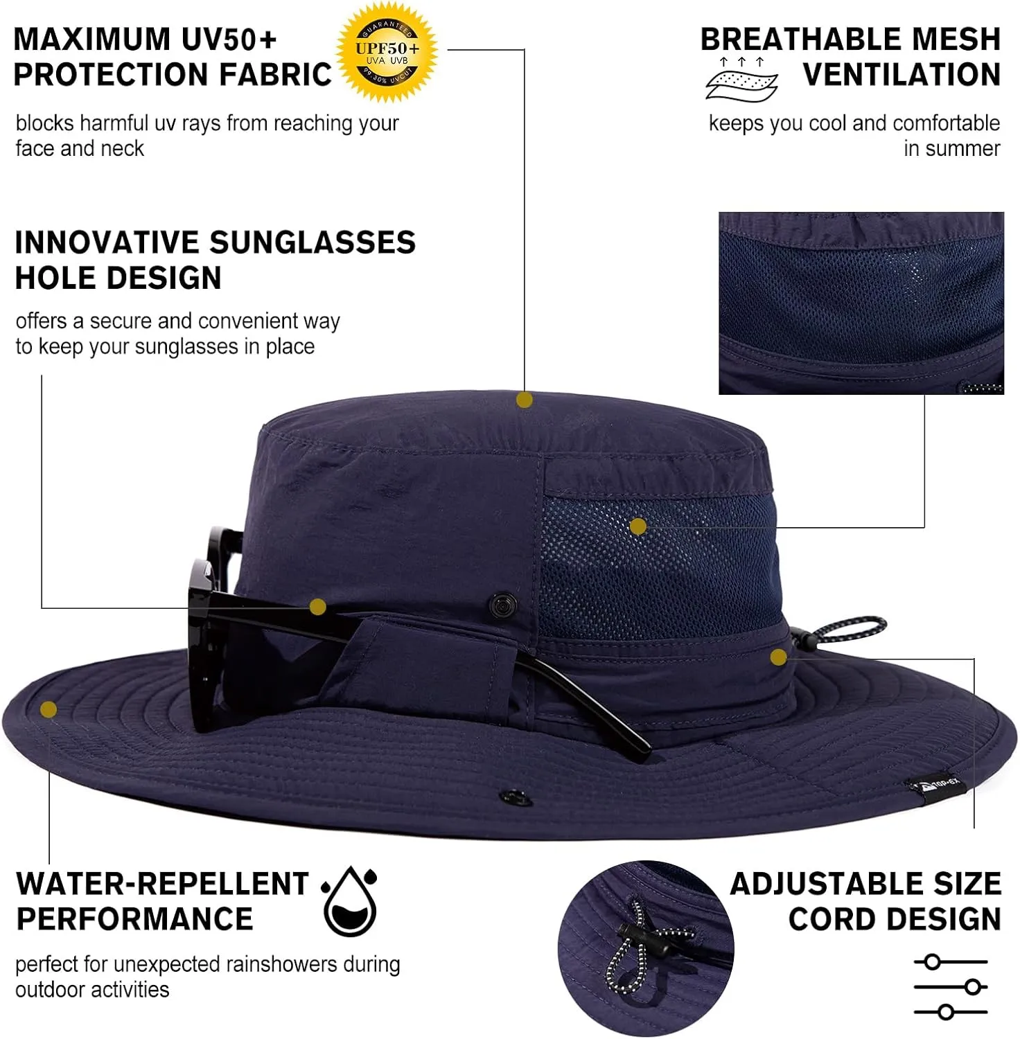 TOP-EX L/XL/XXL UV Protection Mens Sun Hat with Cooling Neck Flap Sunglass Lock Wide Brim Fishing Hats Waterproof & Packable