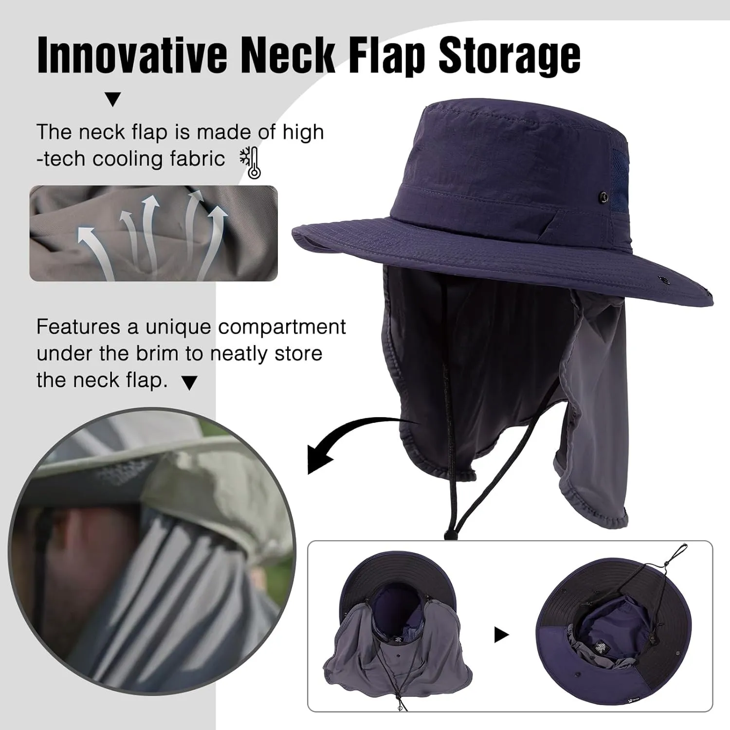 TOP-EX L/XL/XXL UV Protection Mens Sun Hat with Cooling Neck Flap Sunglass Lock Wide Brim Fishing Hats Waterproof & Packable