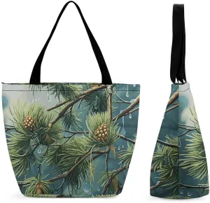 Tote Bag for Women Shoulder Bag Pine Tree Raindrops Handbags for Travel Work Beach Bag Grocery Bag