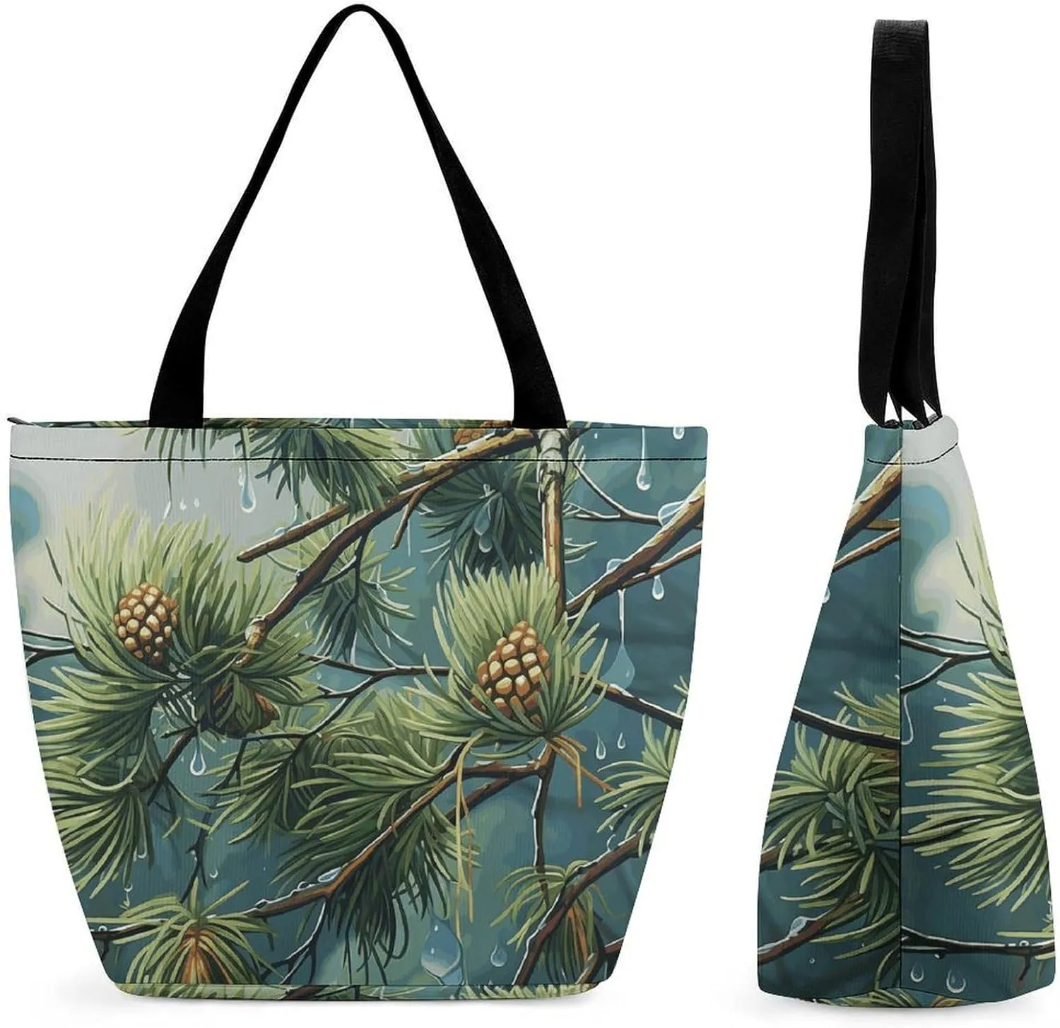 Tote Bag for Women Shoulder Bag Pine Tree Raindrops Handbags for Travel Work Beach Bag Grocery Bag