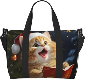 Travel Duffel Bag for Women Men Weekender Bags Sports Gym Bag Cute Cat Sing Christmas Carols Travel Bag Carry on Overnight Bag Waterproof Luggage Bag with Shoulder Strap