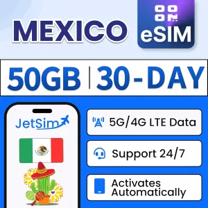 Travel eSIM for Mexico (30 Days), 50GB High-Speed Mobile Internet Data on Telcel and Movistar, Easy Activation, Prepaid Mexico Virtual SIM Card for American Travelers
