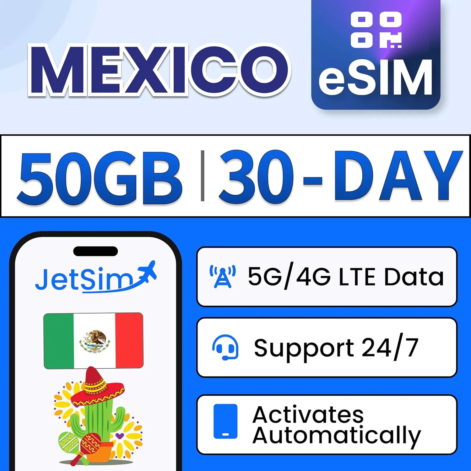 Travel eSIM for Mexico (30 Days), 50GB High-Speed Mobile Internet Data on Telcel and Movistar, Easy Activation, Prepaid Mexico Virtual SIM Card for American Travelers