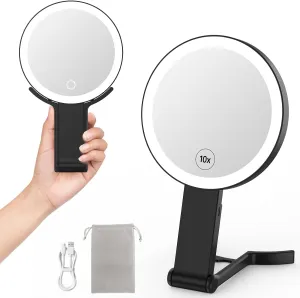 Travel Makeup Mirror with Light, Double Sided 10X /1X Magnifying Mirror with Light, Rechargeable Portable Lighted Beauty Mirror, 3 Color Lighting Dimmable Touch Screen,Hand Mirror Hanging Tabletop