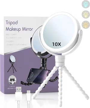 Tripod Travel Makeup Mirror with Lights 1x/10x Magnifying Mirror Led Double Side Lighted Make Up Mirror Portable Hand Held Mirror Rechargeable 3 Colors Light Up Makeup Mirror 360° Rotation