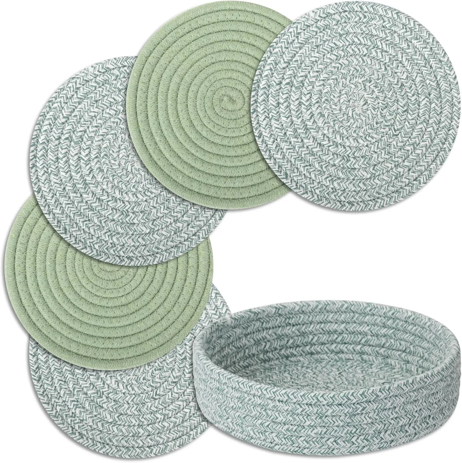 Trivets for Hot Dishes, Pots and Pans, Heat Resistant Hot Pads with Storage Basket, Pot Holders for Kitchen Countertop, Trivet Mats Home Essentials Farmhouse Decor (Green 5 Pcs)