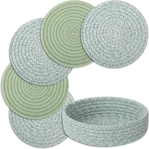 Trivets for Hot Dishes, Pots and Pans, Heat Resistant Hot Pads with Storage Basket, Pot Holders for Kitchen Countertop, Trivet Mats Home Essentials Farmhouse Decor (Green 5 Pcs)
