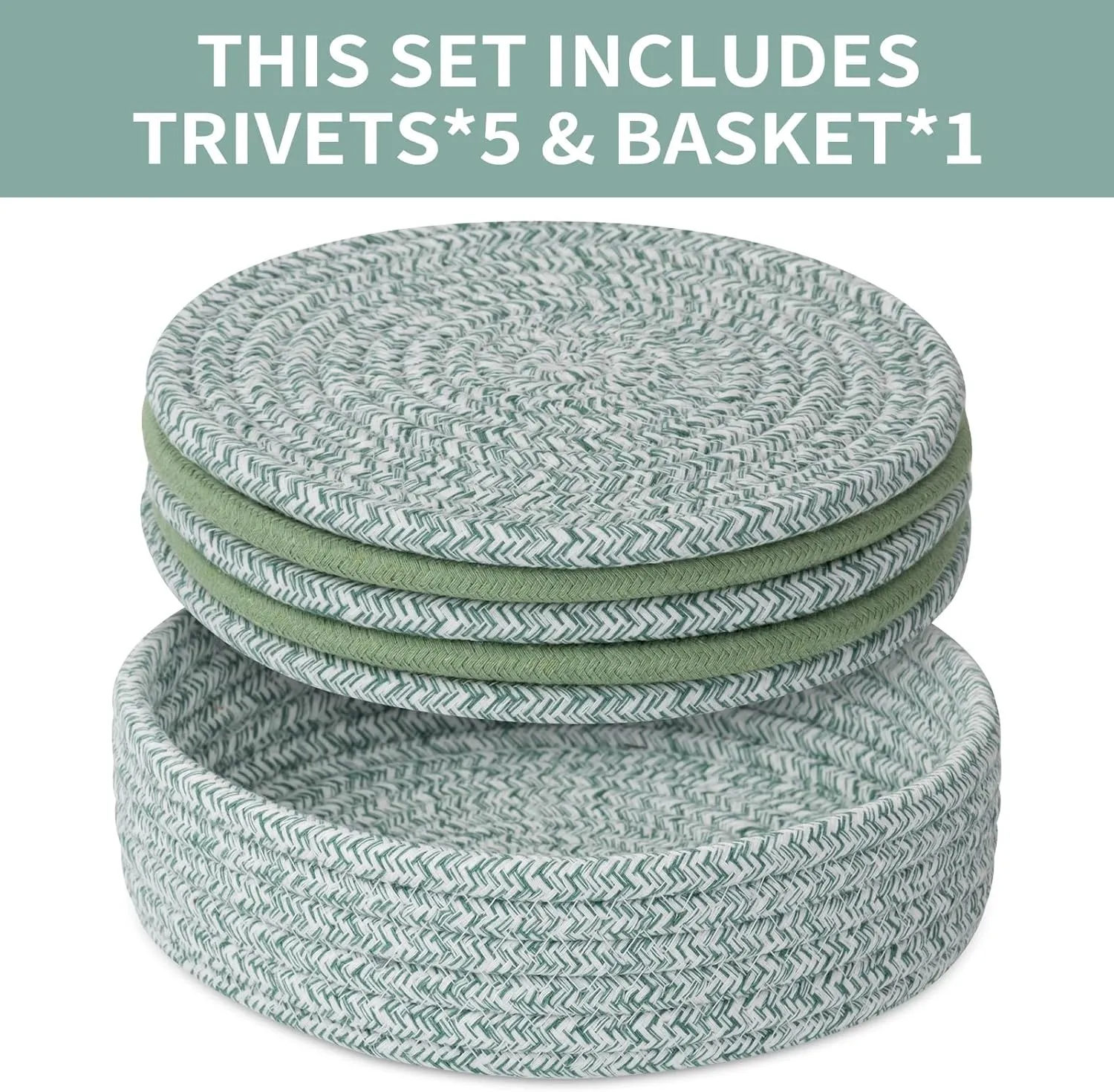 Trivets for Hot Dishes, Pots and Pans, Heat Resistant Hot Pads with Storage Basket, Pot Holders for Kitchen Countertop, Trivet Mats Home Essentials Farmhouse Decor (Green 5 Pcs)