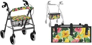 Tropical Flower 3Pcs Walker Basket Under Seat Bag for Walker Rollator Rollbar Seat and Backrest Covers for Senior Universal Basket Rollator Seat Cover Set Comfort