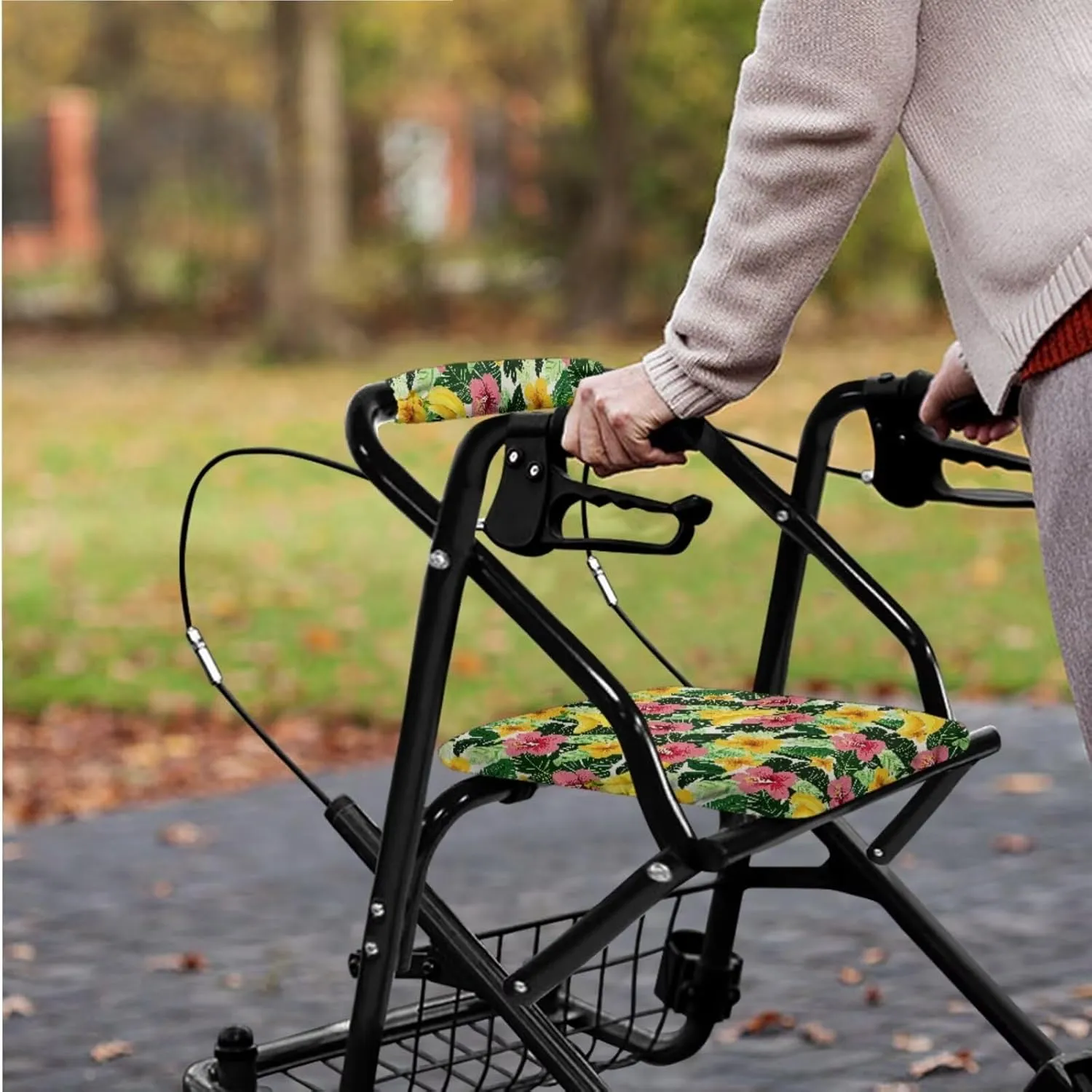 Tropical Flower 3Pcs Walker Basket Under Seat Bag for Walker Rollator Rollbar Seat and Backrest Covers for Senior Universal Basket Rollator Seat Cover Set Comfort